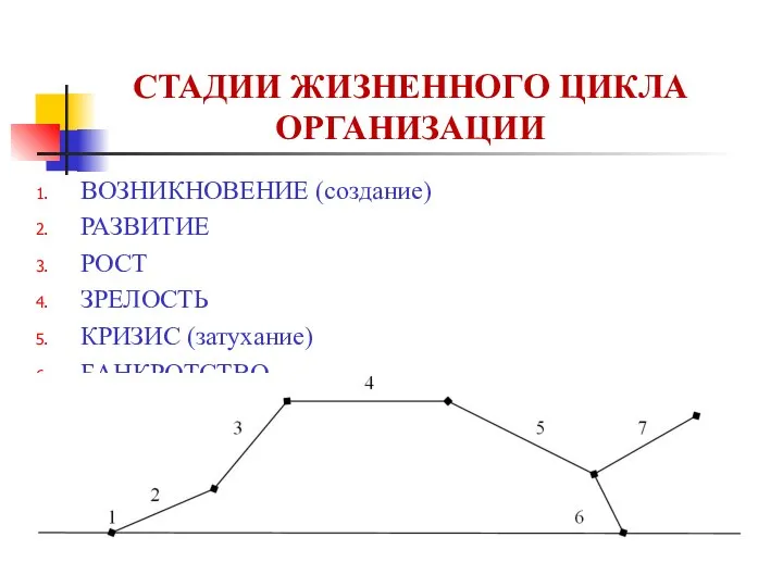 СТАДИИ ЖИЗНЕННОГО ЦИКЛА ОРГАНИЗАЦИИ ВОЗНИКНОВЕНИЕ (создание) РАЗВИТИЕ РОСТ ЗРЕЛОСТЬ КРИЗИС (затухание) БАНКРОТСТВО РЕФОРМИРОВАНИЕ