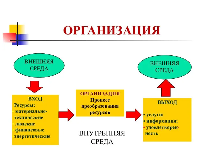 ОРГАНИЗАЦИЯ ВНЕШНЯЯ СРЕДА ВХОД Ресурсы: материально-технические людские финансовые энергетические ВЫХОД услуги; информация;