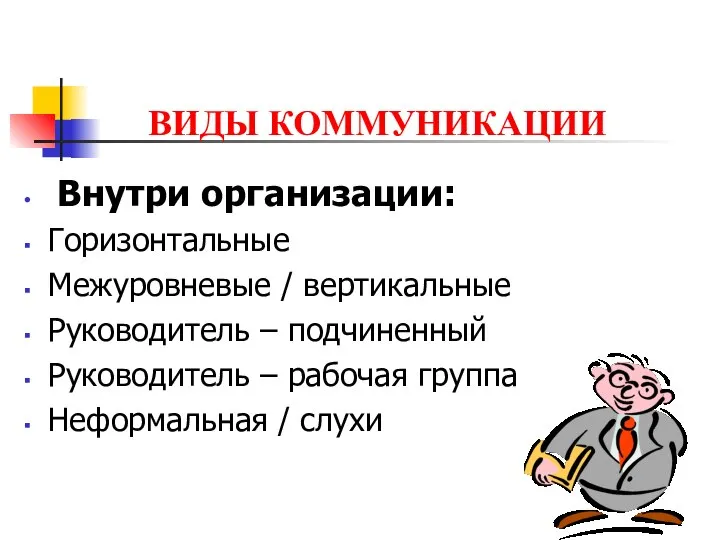 ВИДЫ КОММУНИКАЦИИ Внутри организации: Горизонтальные Межуровневые / вертикальные Руководитель – подчиненный Руководитель