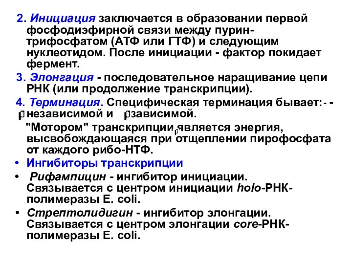 2. Инициация заключается в образовании первой фосфодиэфирной связи между пурин-трифосфатом (АТФ или