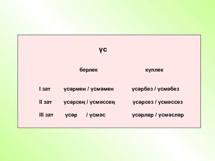 үс берлек күплек I зат үсәрмен / үсмәмен үсәрбез / үсмәбез II