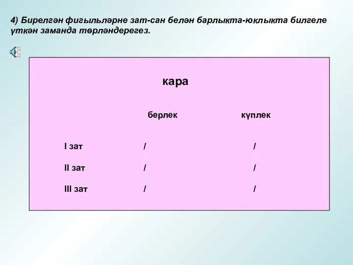 4) Бирелгән фигыльләрне зат-сан белән барлыкта-юклыкта билгеле үткән заманда төрләндерегез. кара берлек