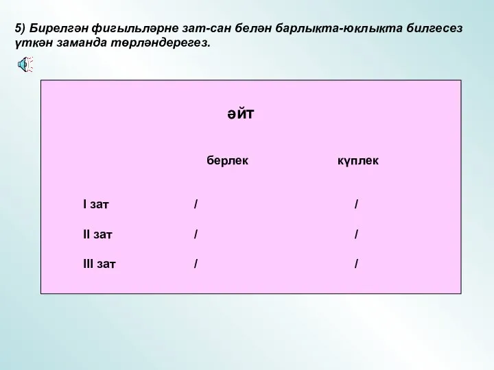 5) Бирелгән фигыльләрне зат-сан белән барлыкта-юклыкта билгесез үткән заманда төрләндерегез. әйт берлек