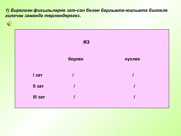 1) Бирелгән фигыльләрне зат-сан белән барлыкта-юклыкта билгеле киләчәк заманда төрләндерегез. яз берлек