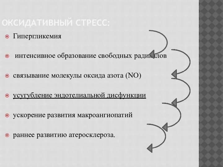 ОКСИДАТИВНЫЙ СТРЕСС: Гипергликемия интенсивное образование свободных радикалов связывание молекулы оксида азота (NO)