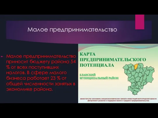 Малое предпринимательство Малое предпринимательство приносит бюджету района 54 % от всех поступивших