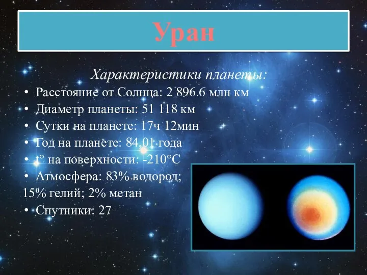 Уран Характеристики планеты: Расстояние от Солнца: 2 896.6 млн км Диаметр планеты: