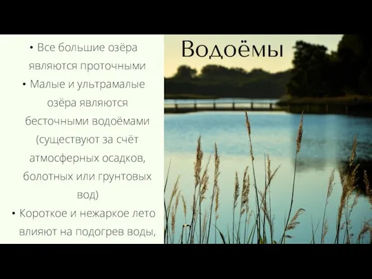 Водоёмы Все большие озёра являются проточными Малые и ультрамалые озёра являются бесточными