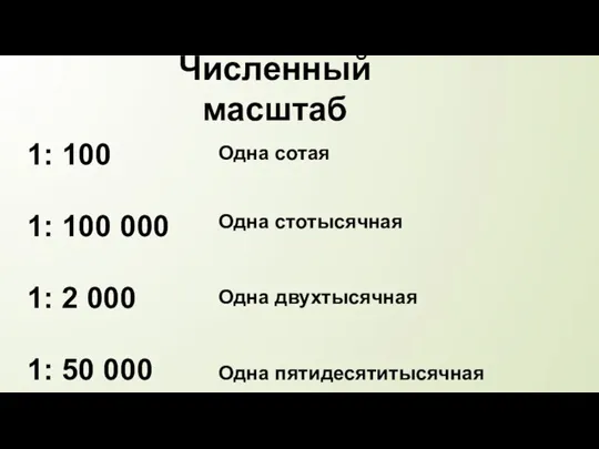 Численный масштаб 1: 100 1: 100 000 1: 2 000 1: 50