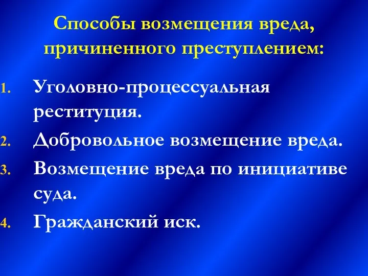 Способы возмещения вреда, причиненного преступлением: Уголовно-процессуальная реституция. Добровольное возмещение вреда. Возмещение вреда