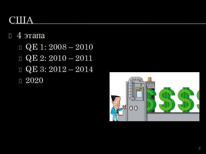 США 4 этапа QE 1: 2008 – 2010 QE 2: 2010 –