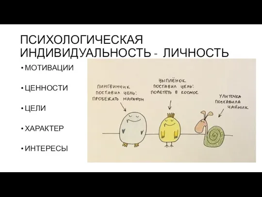 ПСИХОЛОГИЧЕСКАЯ ИНДИВИДУАЛЬНОСТЬ - ЛИЧНОСТЬ МОТИВАЦИИ ЦЕННОСТИ ЦЕЛИ ХАРАКТЕР ИНТЕРЕСЫ