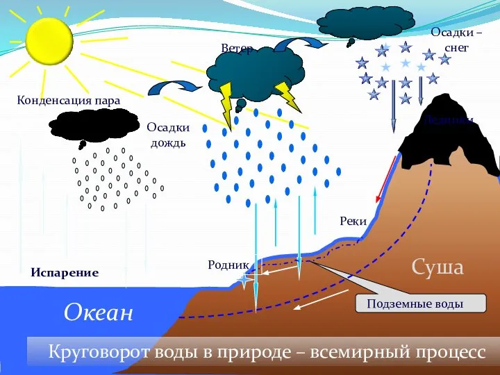 Испарение Конденсация пара Осадкидождь Осадки – снег Ветер Круговорот воды в природе