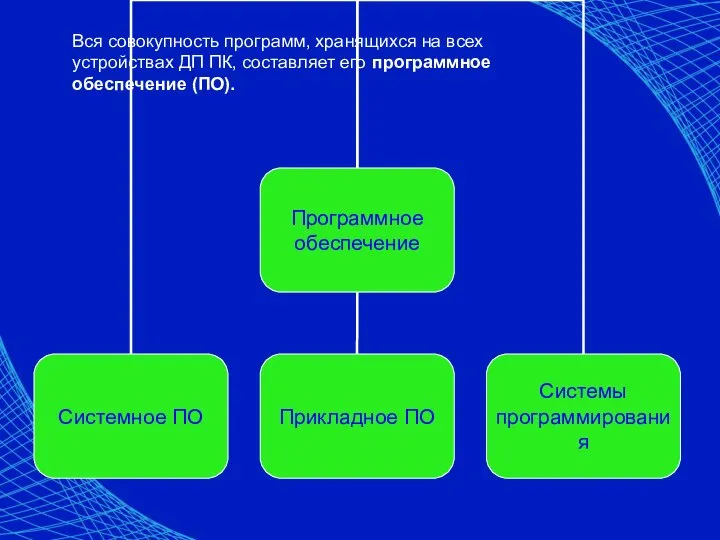 Вся совокупность программ, хранящихся на всех устройствах ДП ПК, составляет его программное обеспечение (ПО).