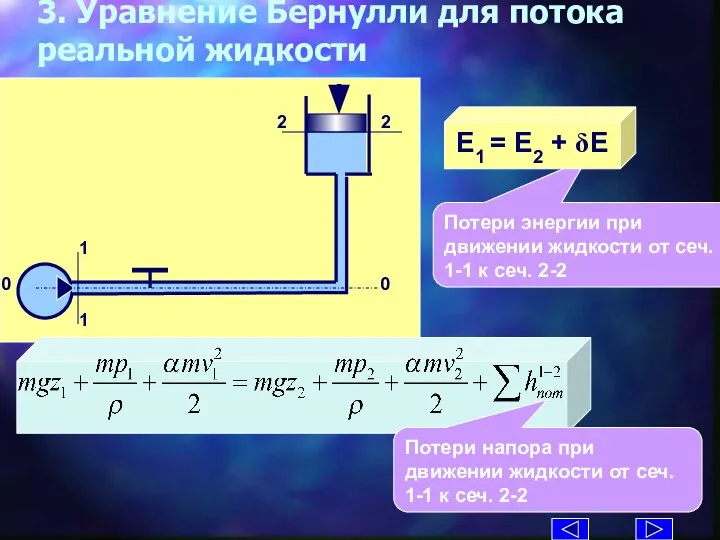 3. Уравнение Бернулли для потока реальной жидкости Потери энергии при движении жидкости