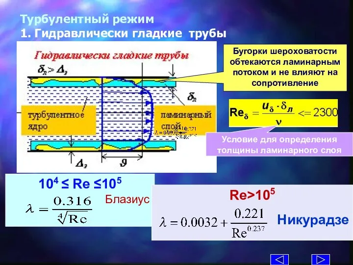 Турбулентный режим 1. Гидравлически гладкие трубы Условие для определения толщины ламинарного слоя