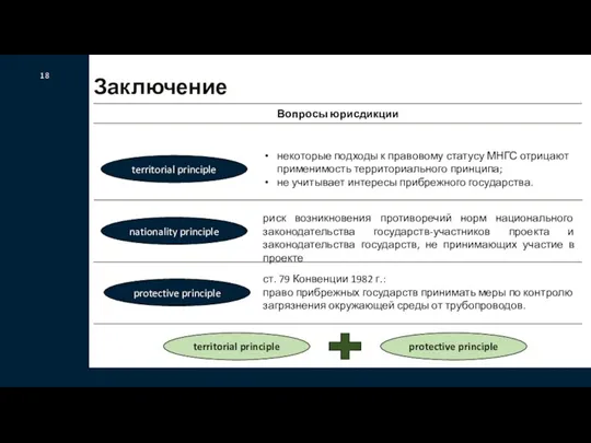 18 Заключение Вопросы юрисдикции territorial principle некоторые подходы к правовому статусу МНГС