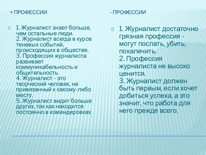 + ПРОФЕССИИ - ПРОФЕССИИ 1. Журналист знает больше, чем остальные люди. 2.