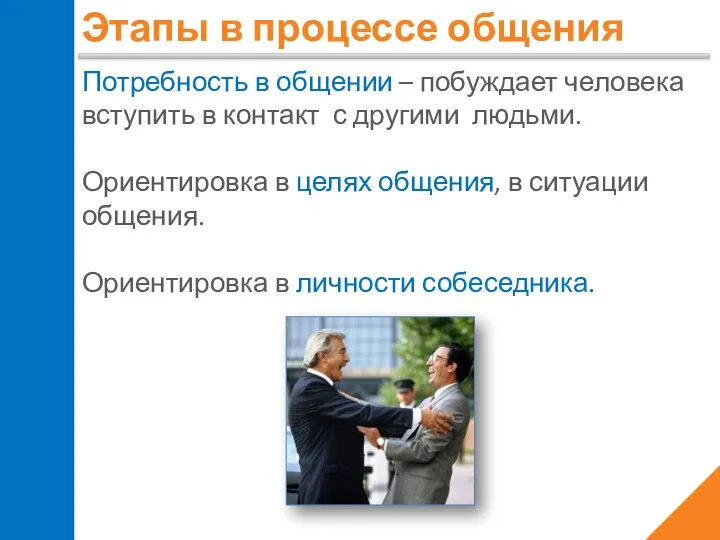 Этапы в процессе общения Потребность в общении – побуждает человека вступить в