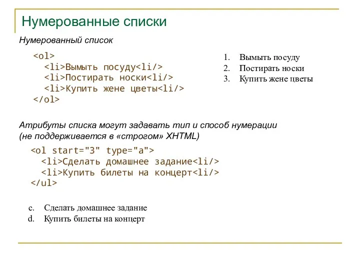 Нумерованные списки Вымыть посуду Постирать носки Купить жене цветы Нумерованный список Вымыть