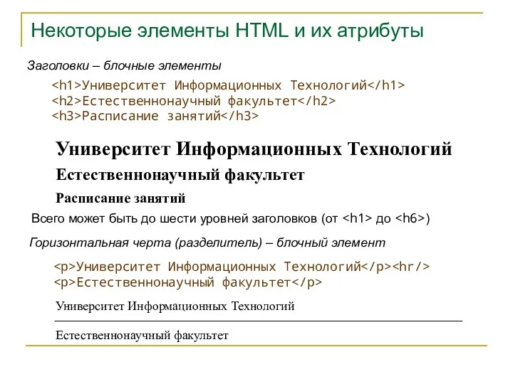 Некоторые элементы HTML и их атрибуты Университет Информационных Технологий Естественнонаучный факультет Расписание