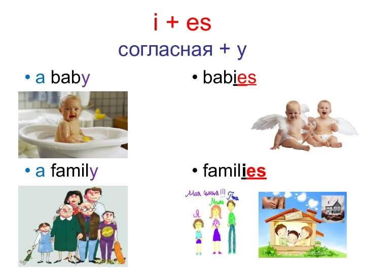i + es согласная + y a baby babies a family families