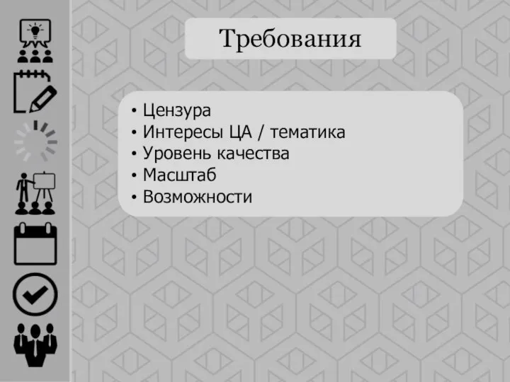 Требования Цензура Интересы ЦА / тематика Уровень качества Масштаб Возможности