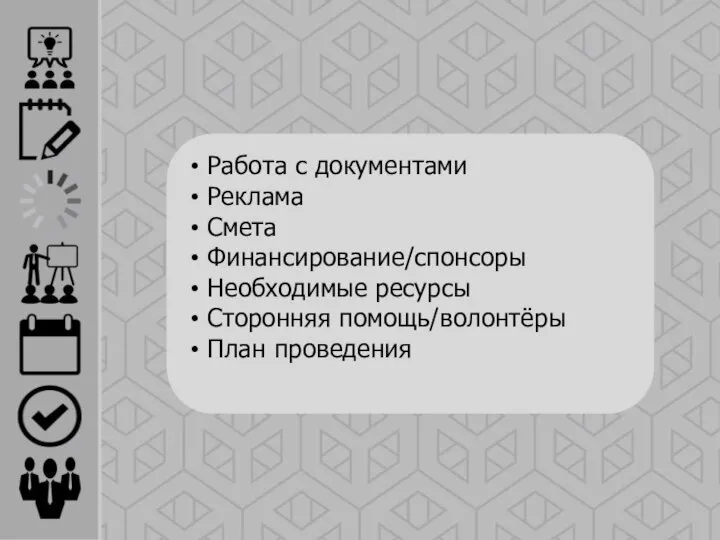 Работа с документами Реклама Смета Финансирование/спонсоры Необходимые ресурсы Сторонняя помощь/волонтёры План проведения