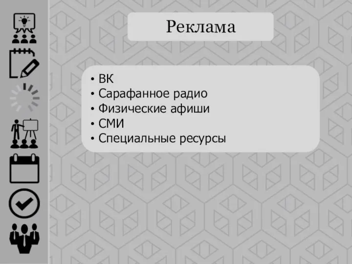 Реклама ВК Сарафанное радио Физические афиши СМИ Специальные ресурсы