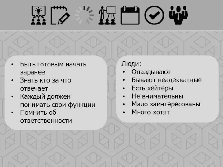 Быть готовым начать заранее Знать кто за что отвечает Каждый должен понимать