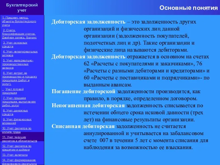 Основные понятия Дебиторская задолженность – это задолженность других организаций и физических лиц