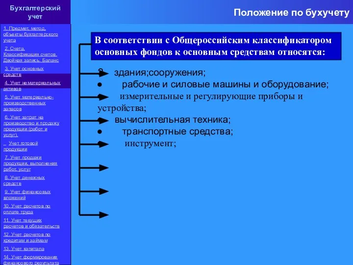 Положение по бухучету В соответствии с Общероссийским классификатором основных фондов к основным