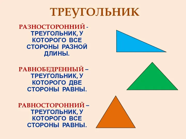 ТРЕУГОЛЬНИК РАЗНОСТОРОННИЙ - ТРЕУГОЛЬНИК, У КОТОРОГО ВСЕ СТОРОНЫ РАЗНОЙ ДЛИНЫ. РАВНОБЕДРЕННЫЙ –