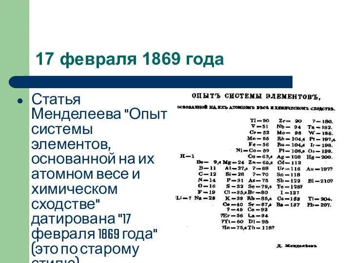 17 февраля 1869 года Статья Менделеева "Опыт системы элементов, основанной на их