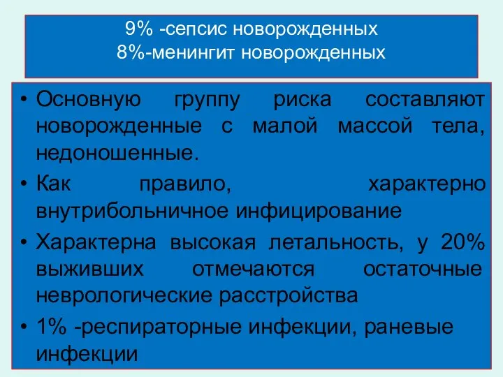 9% -сепсис новорожденных 8%-менингит новорожденных Основную группу риска составляют новорожденные с малой