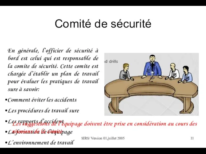 SIRS/ Version 01,juillet 2005 Comité de sécurité En générale, l’officier de sécurité