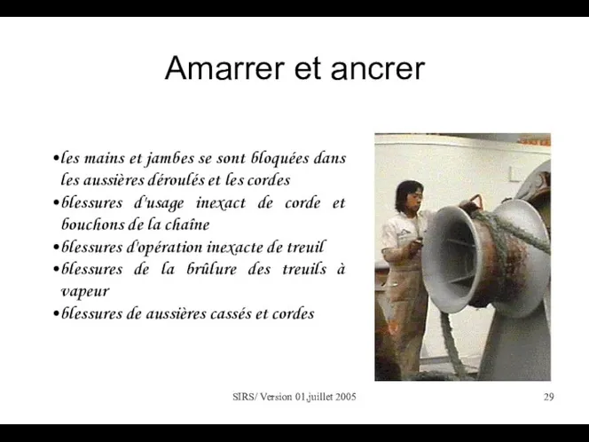 SIRS/ Version 01,juillet 2005 Amarrer et ancrer les mains et jambes se