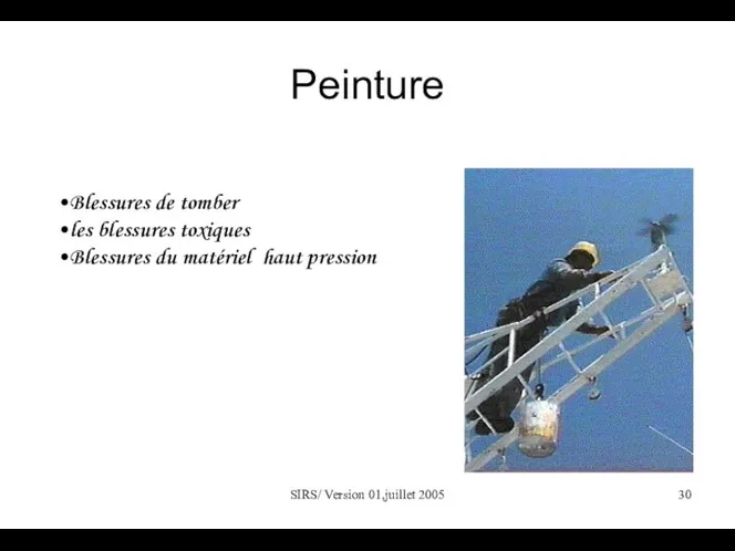 SIRS/ Version 01,juillet 2005 Peinture Blessures de tomber les blessures toxiques Blessures du matériel haut pression