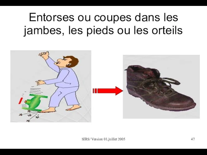 SIRS/ Version 01,juillet 2005 Entorses ou coupes dans les jambes, les pieds ou les orteils