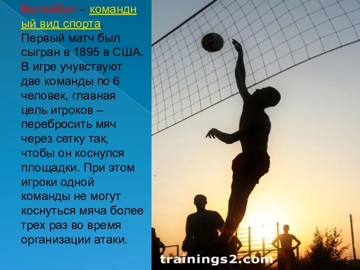 Волейбол – командный вид спорта. Первый матч был сыгран в 1895 в