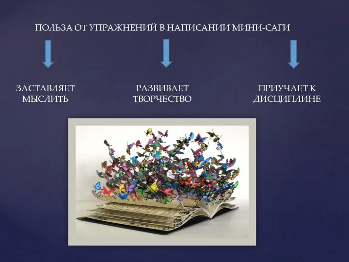 ПОЛЬЗА ОТ УПРАЖНЕНИЙ В НАПИСАНИИ МИНИ-САГИ ЗАСТАВЛЯЕТ МЫСЛИТЬ РАЗВИВАЕТ ТВОРЧЕСТВО ПРИУЧАЕТ К ДИСЦИПЛИНЕ