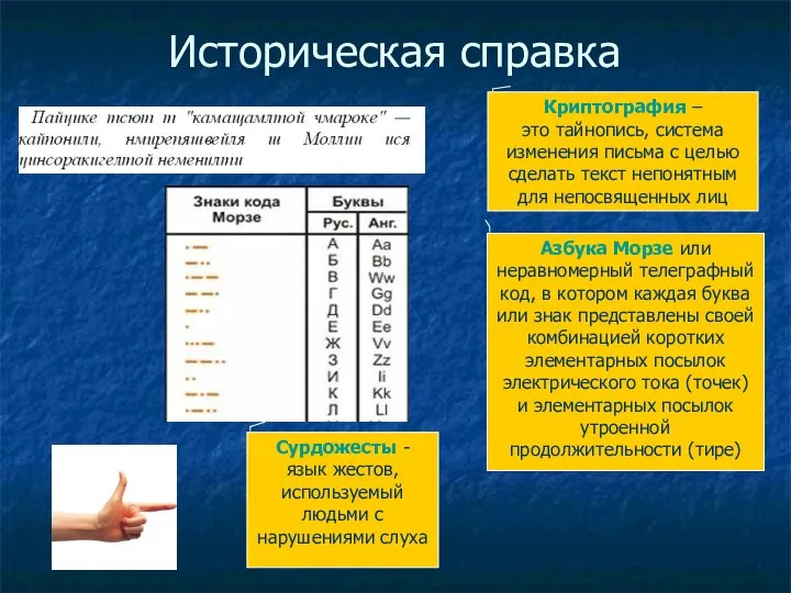 Историческая справка Криптография – это тайнопись, система изменения письма с целью сделать