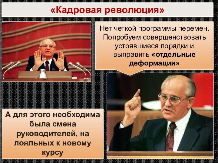 «Кадровая революция» Нет четкой программы перемен. Попробуем совершенствовать устоявшиеся порядки и выправить