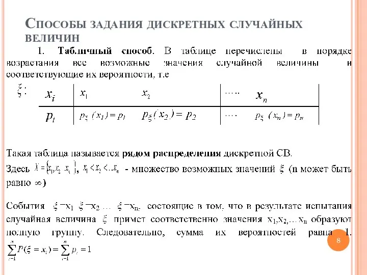 Способы задания дискретных случайных величин