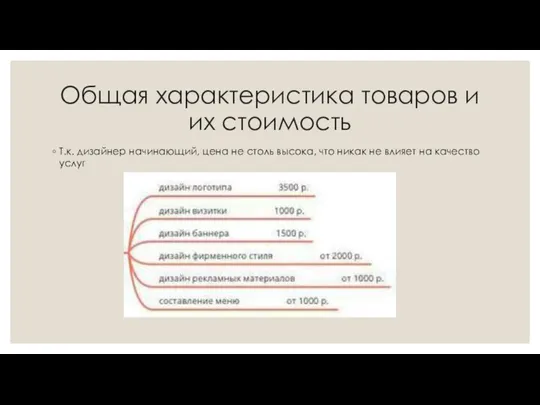 Общая характеристика товаров и их стоимость Т.к. дизайнер начинающий, цена не столь