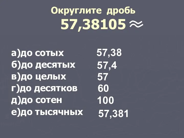 Округлите дробь 57,38105 а)до сотых б)до десятых в)до целых г)до десятков д)до