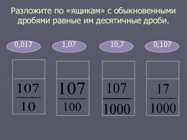 Разложите по «ящикам» с обыкновенными дробями равные им десятичные дроби. 0,017 1,07 10,7 0,107