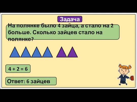 Задача На полянке было 4 зайца, а стало на 2 больше. Сколько