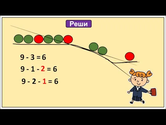 Реши 9 - 3 = 9 - 1 - = 6 9