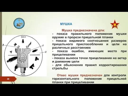 МУШКА Мушка предназначена для: - показа правильного положения мушки оружия в прорези